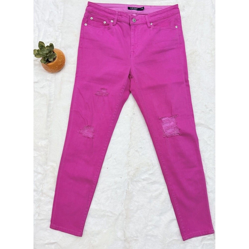 LAUREN RALPH LAUREN Dark Pink Denim Premier Skinny Cropped Ankle Jeans ~ 8 - Picture 3 of 16